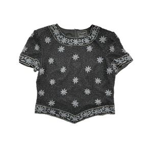 Cote d'Azur Heavily Beaded Black Top with Floral Embroidery Large